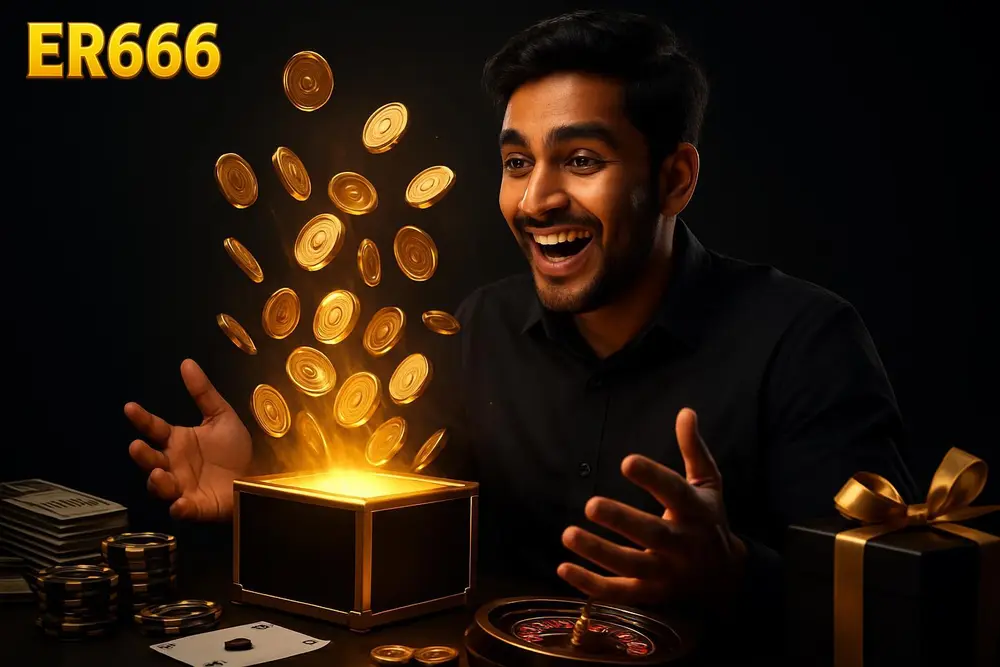 ER666 bonuses — a young Pakistani man smiling widely as golden coins burst around him from a glowing digital reward