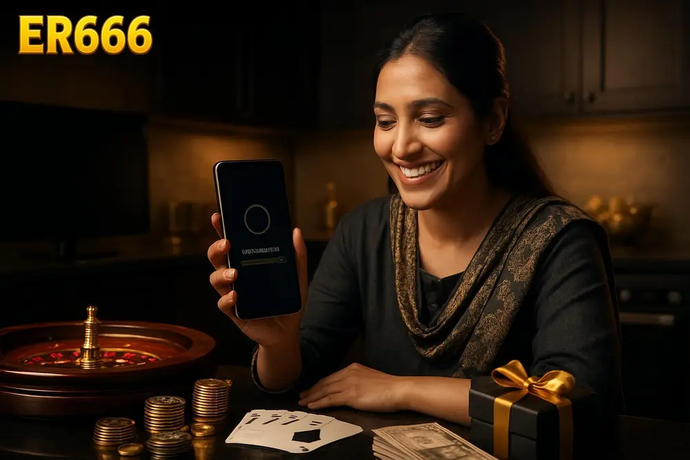 ER666 APK download — a Pakistani woman in a kitchen holding her phone showing an app installation screen while