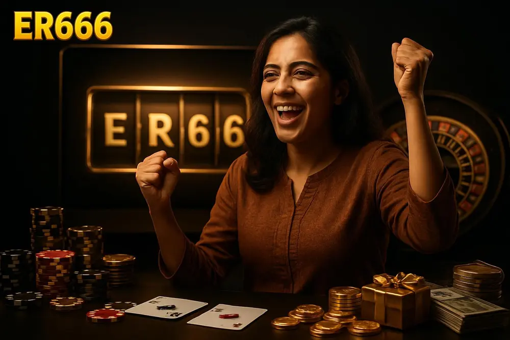 ER666 games — a Pakistani woman cheering with hands raised near a glowing digital game screen surrounded by colorful