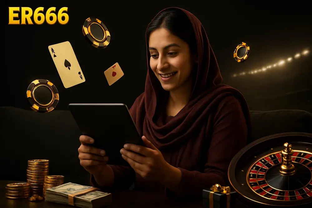 ER666 Pakistan — a Pakistani woman sitting comfortably on a sofa using a tablet with glowing casino chips and cards
