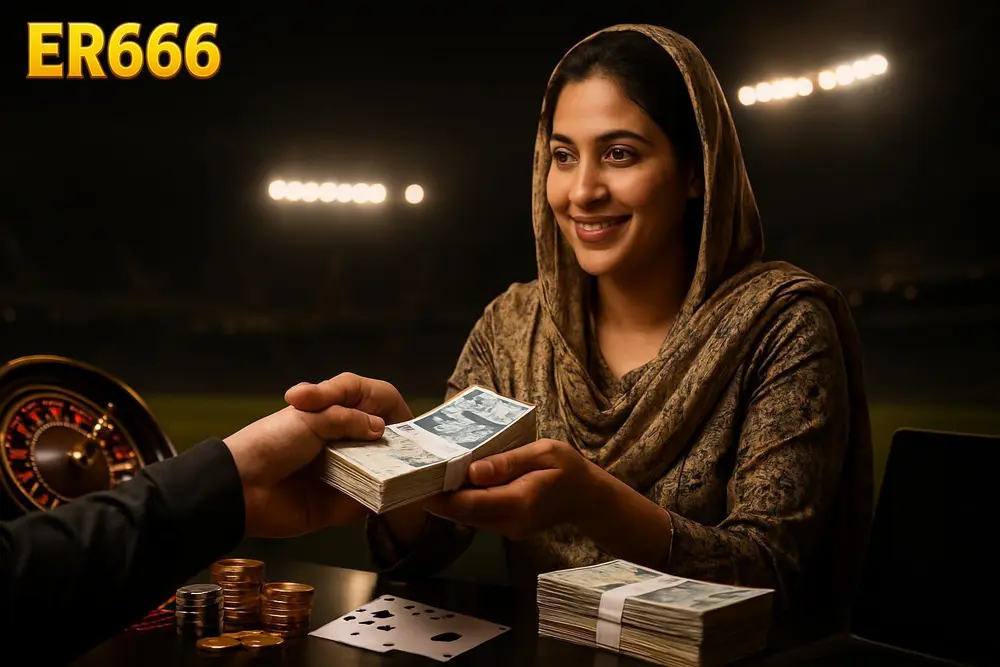 ER666 payment methods — a Pakistani woman receiving a cash payout at a counter with neat stacks of local currency on