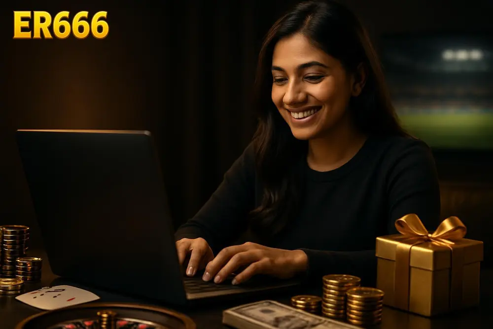 ER666 register — a young Pakistani woman smiling as she completes an online sign-up form on her laptop at home